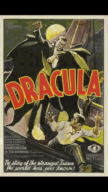 a movie poster for dracula features a vampire and a man