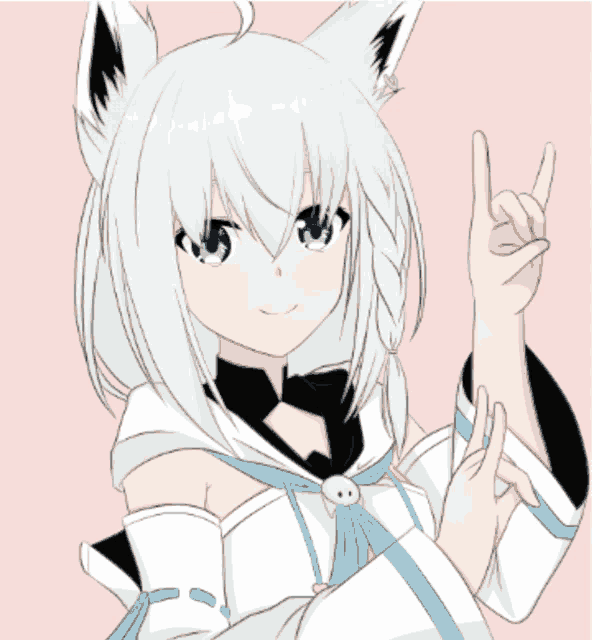 a girl with white hair and black ears is making a devil horns sign