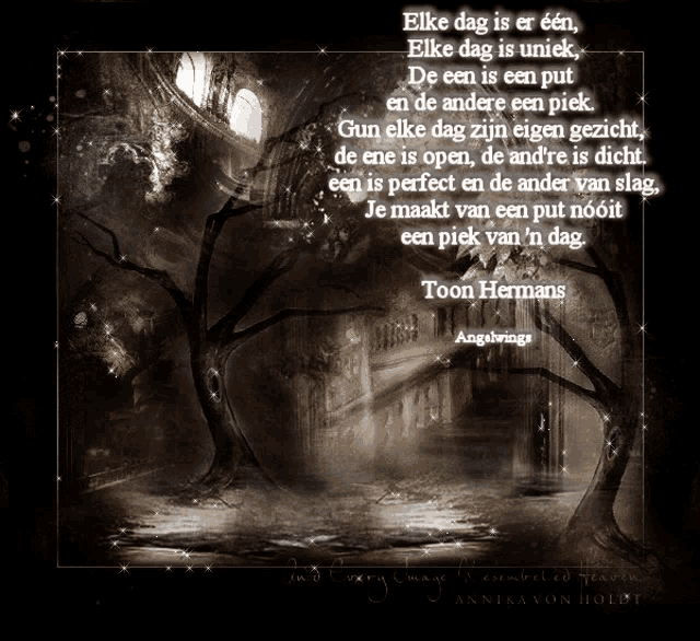 a poem by toon hermans is displayed on a dark background