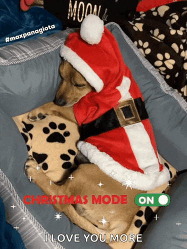 a dog wearing a santa hat is sleeping on a pillow with the words christmas mode on above it