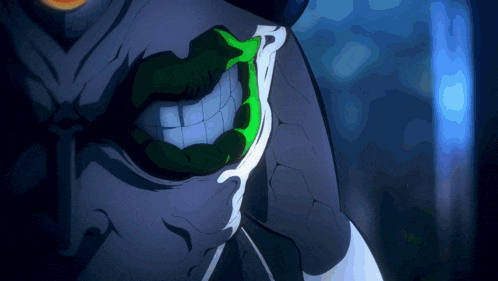 a close up of a cartoon character with green lips