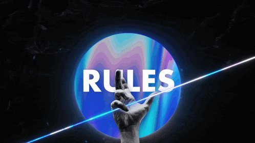 a hand is reaching out towards a circle with the word rules on it