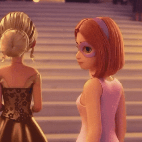 a cartoon girl wearing a pink dress and a mask