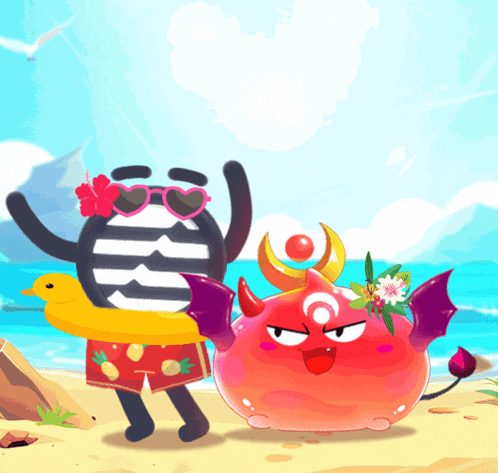 two cartoon characters are standing on a beach one is wearing sunglasses and holding a yellow duck