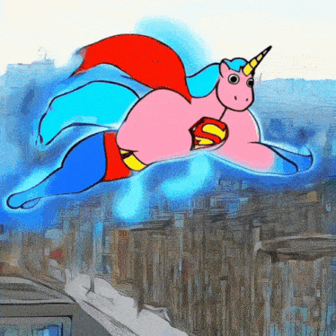 a cartoon of a unicorn dressed as superman is flying over a city