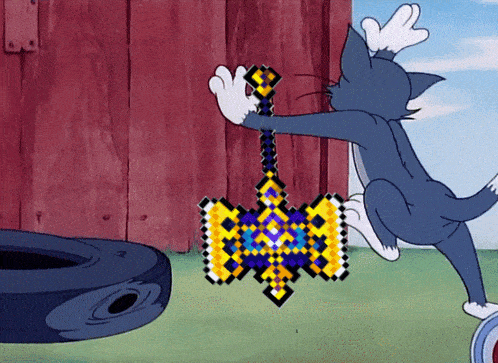 a cartoon of a cat holding a sword in front of a tire
