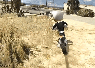 a cartoon character is riding a dirt bike in a field .