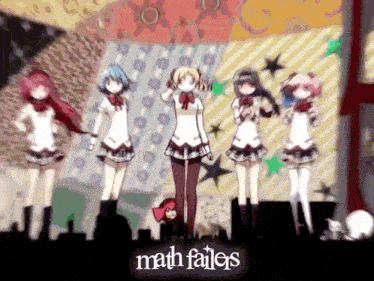 a group of anime girls are standing in front of a sign that says math failles