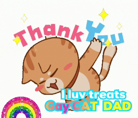 a cartoon cat holding up a thank you sign with a rainbow in the background