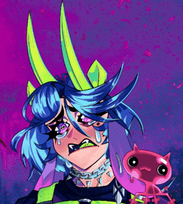 a cartoon drawing of a girl with horns holding a pink cat