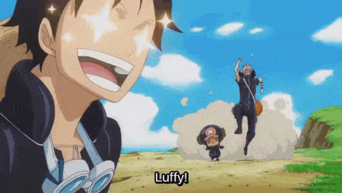 luffy is smiling and looking at the camera while chopper is jumping in the background .