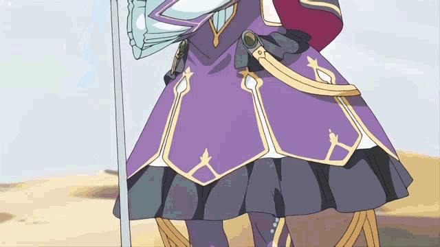a woman in a purple dress holds a sword