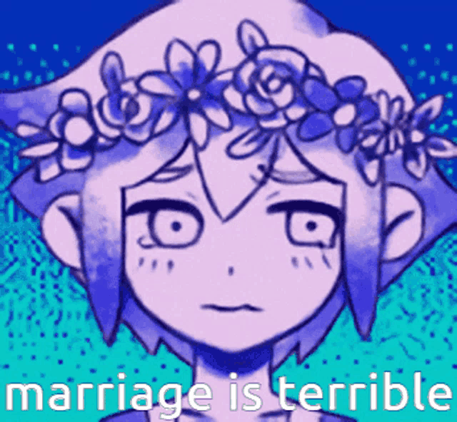 a picture of a girl with a flower crown on her head and the words marriage is terrible below her
