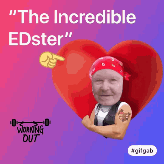 a man with a tattoo on his arm is standing in front of a red heart with the words " the incredible edster " on it