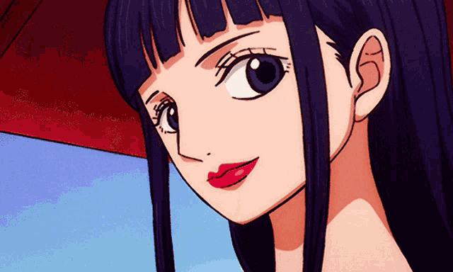 a close up of a girl 's face with purple hair and red lips