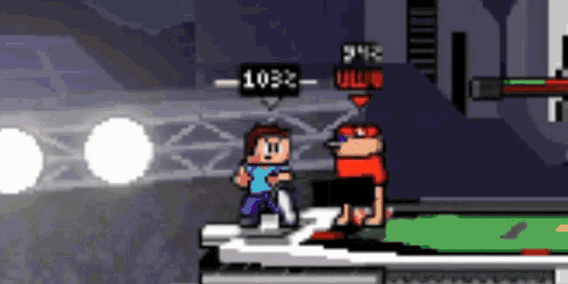 a pixel art drawing of a man standing next to another man with the number 1032 on it .