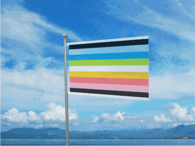 a flag with a rainbow of colors is flying in the wind