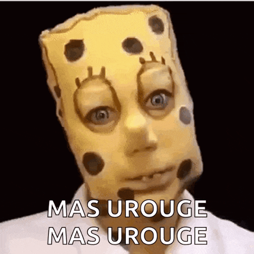 a person is wearing a spongebob mask on their head .