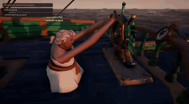 a screenshot of a video game shows a man holding a steering wheel in the ocean