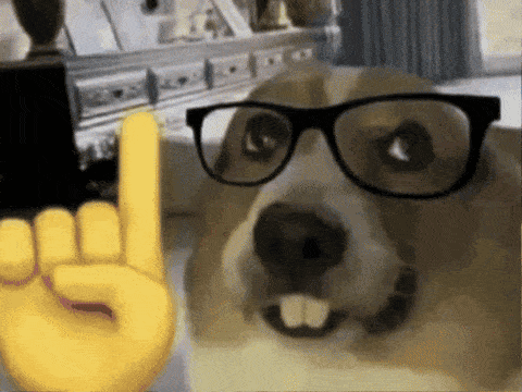 a dog wearing glasses and a yellow hand giving the horns sign