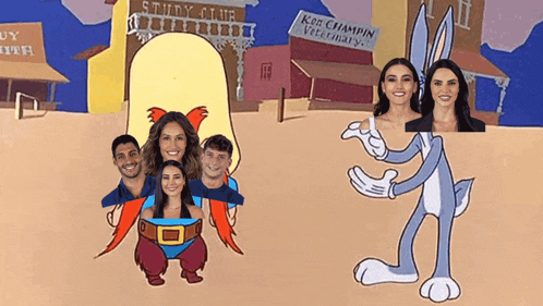 a group of people are posing for a picture with bugs bunny in the background