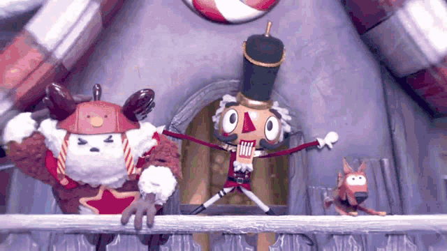 a nutcracker is standing on a balcony with a dog