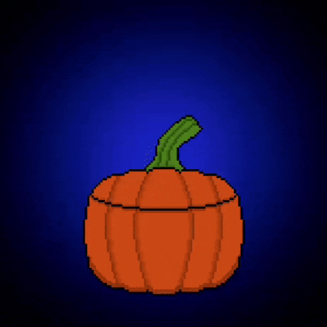 a pixel art of a dog in a pumpkin with the words trick or treat behind it
