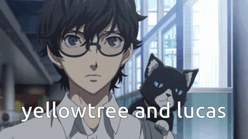 a boy with glasses stands next to a cat with the words yellowtree and lucas written below him