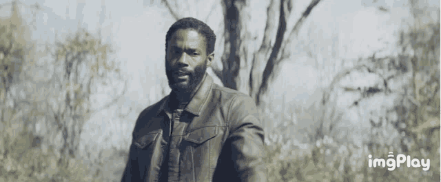 a man with a beard wearing a brown leather jacket is standing in a field with trees in the background ..
