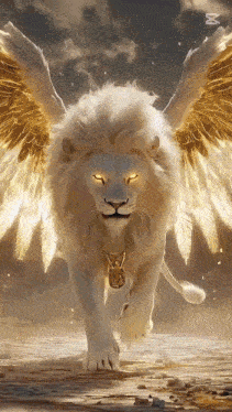 a white lion with gold wings and a gold necklace is walking on the ground .