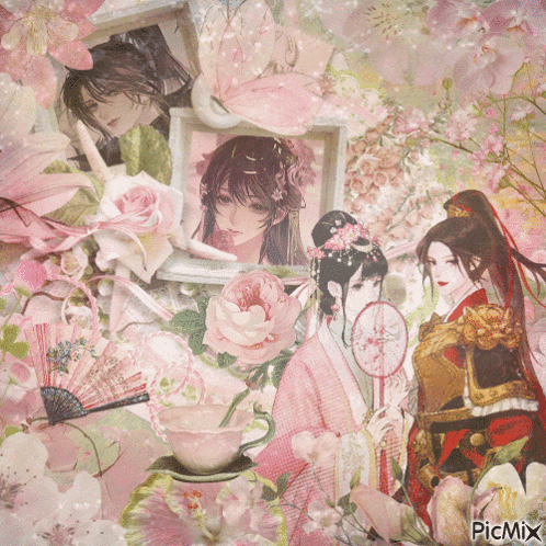 a picture of a woman surrounded by flowers and a fan with picmix written on the bottom right