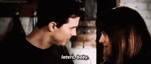 a man and a woman are looking into each other 's eyes and the man is saying `` laters , baby '' .