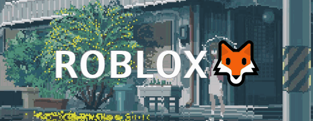 a pixel art advertisement for roblox with a fox in the corner