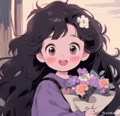a girl with long hair is holding a bouquet of flowers