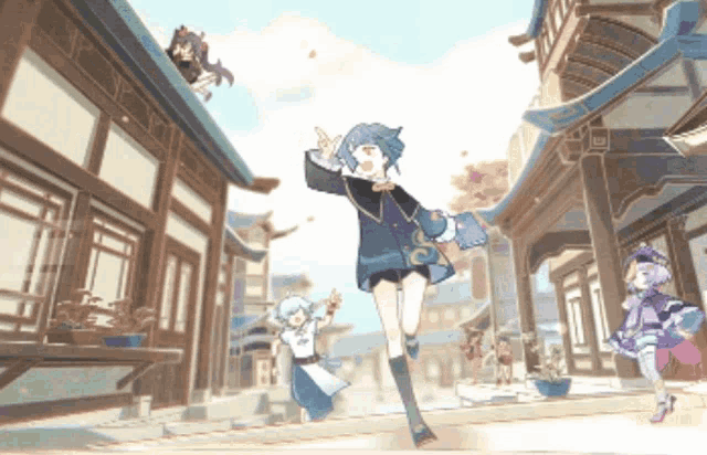 a group of anime characters are walking down a street in a city