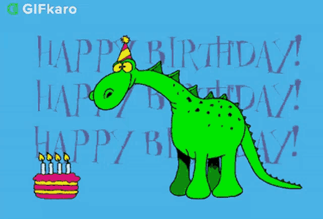 a cartoon of a dinosaur blowing out a birthday cake