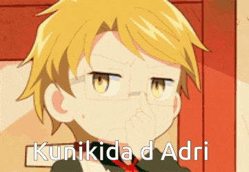 a yellow haired anime character with glasses and the name kunikida d adri on the bottom right