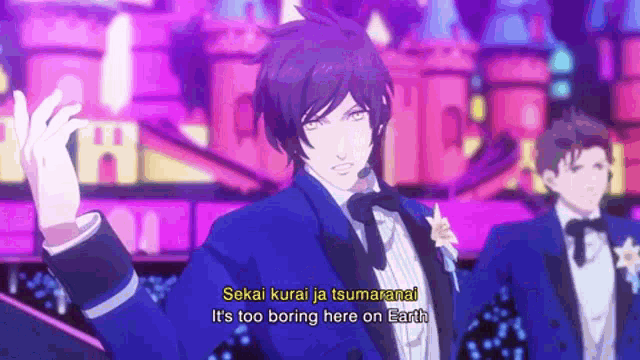 a man in a suit says sekai kurai ja tsumaranai it 's too boring here on earth