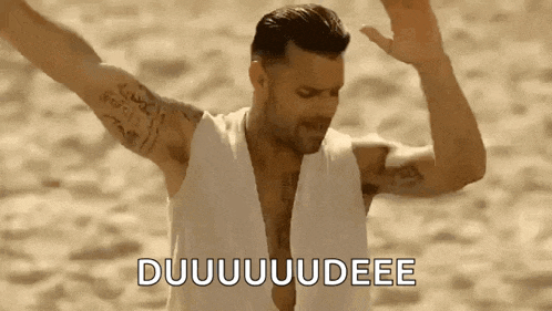 a shirtless man is standing on a beach with his arms outstretched and the words duuuuuuudeee written below him .