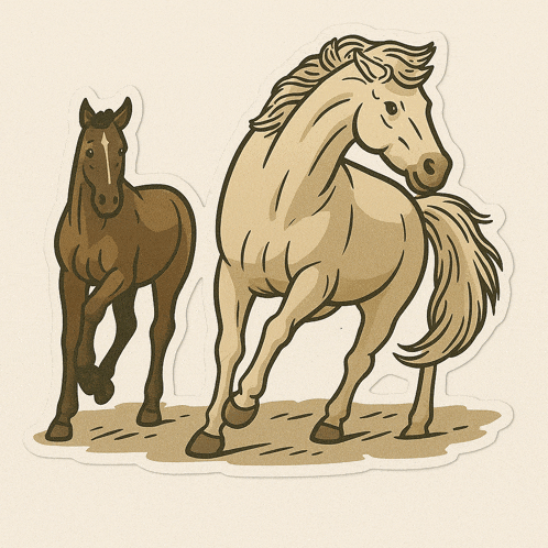 a drawing of two horses one brown and one white
