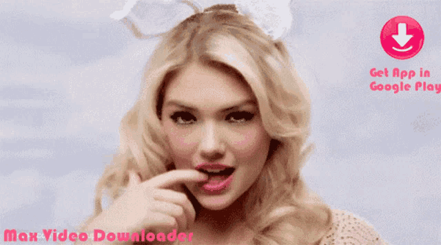 a woman with a bunny ear on her head is licking her lips with a google play app icon in the background