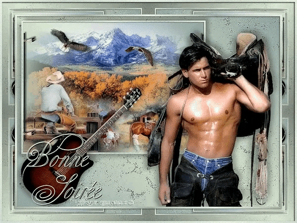 a picture of a shirtless man holding a guitar with the words bonne soirée in the corner