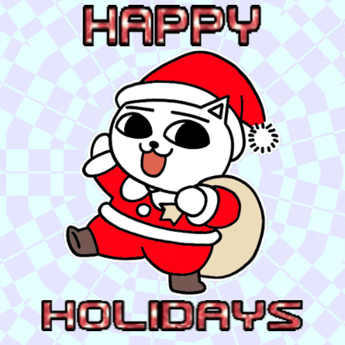 a cartoon of a cat dressed as santa claus with the words happy holidays below it