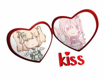 two hearts with drawings of a girl and the word kiss