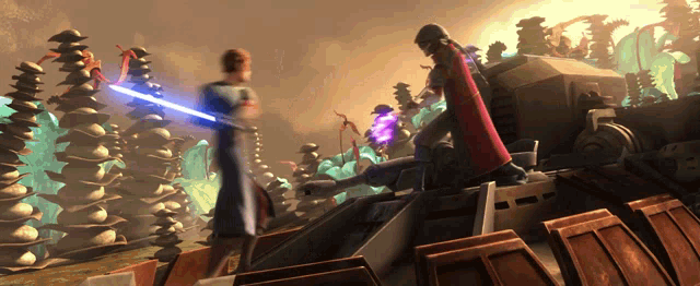 a man in a red cape is standing next to another man with a lightsaber