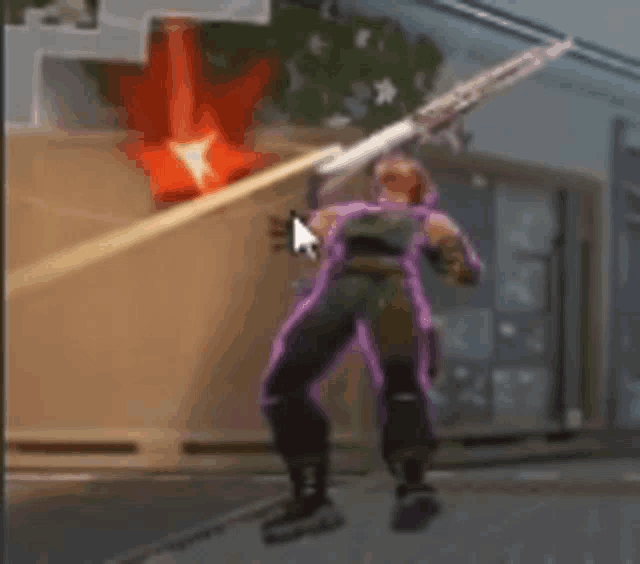 a person is holding a gun in a video game while a mouse pointer is pointing at them .