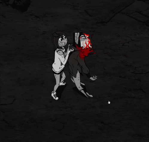 a black and white cartoon of a girl holding a dead zombie
