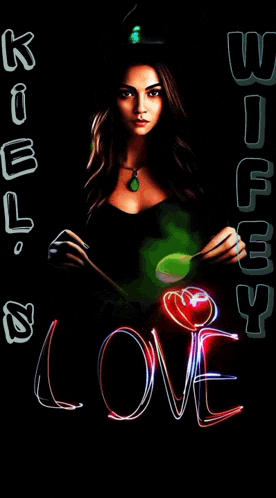 a woman in a witch hat is holding a spoon and a heart with the word love written in neon