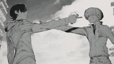 a black and white drawing of two people pointing at each other with one wearing a jacket that says tokyo