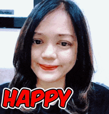 a woman is smiling with the word happy in red